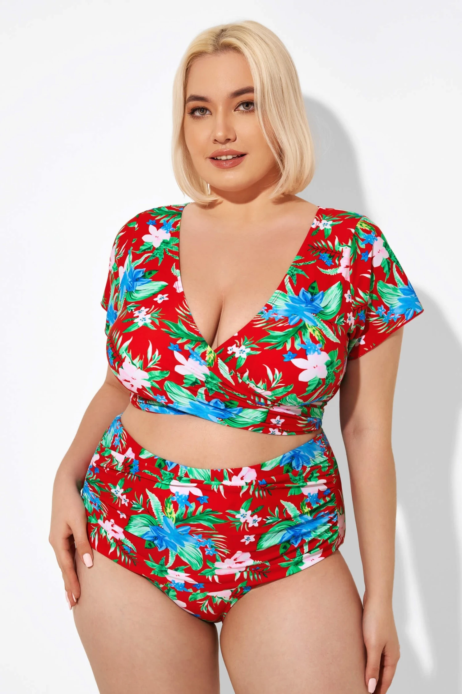 Flower Printed V-neck Bikini Top With Sleeves 4 Flower Printed V-neck Bikini Top With Sleeves - Image 4