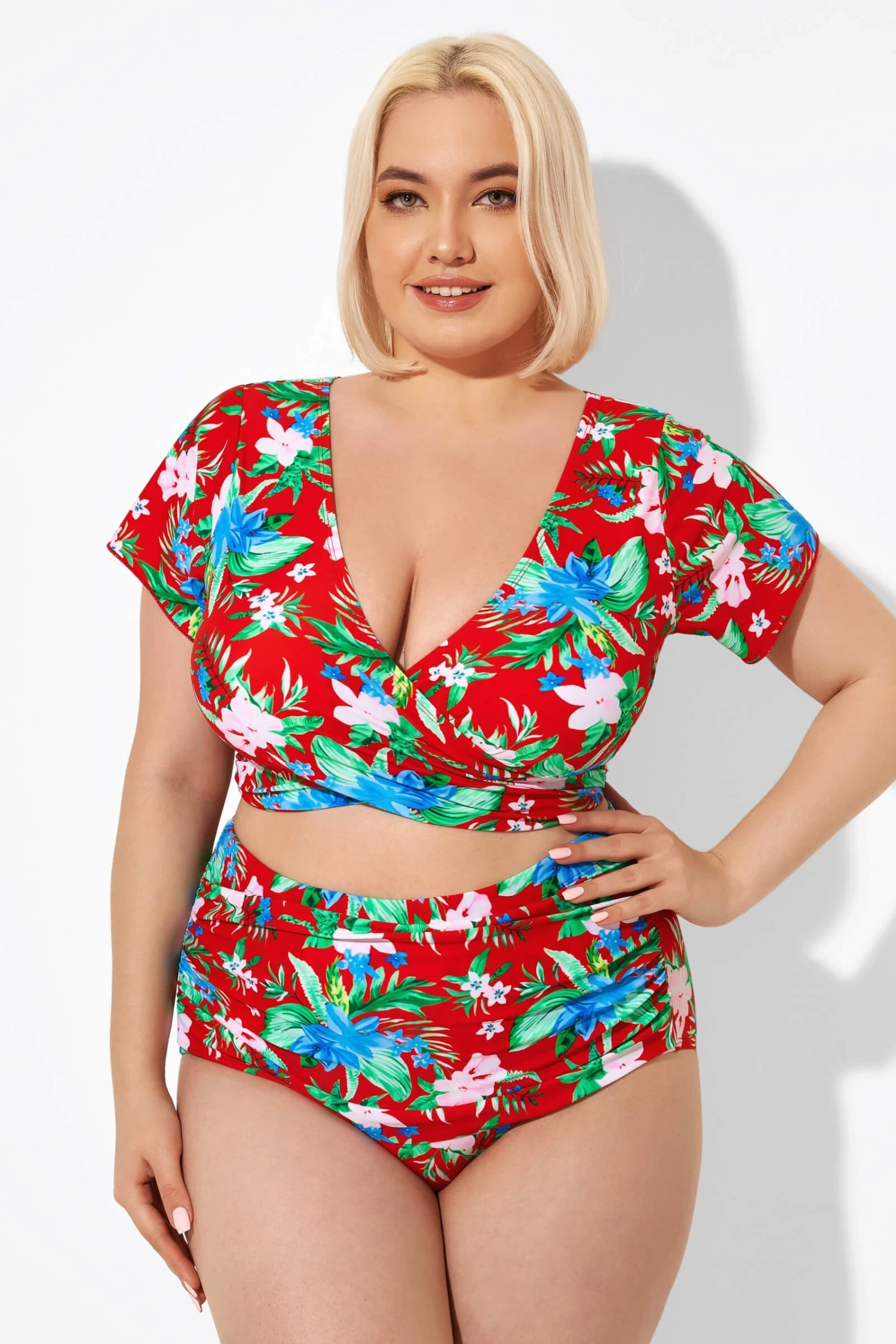 Flower Printed V-neck Bikini Top With Sleeves 5 Flower Printed V-neck Bikini Top With Sleeves - Image 5