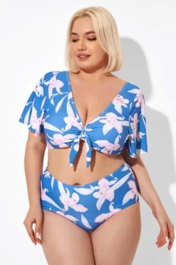 Blue Flower Print Bow V-neck Bikini Top 8 Blue Flower Print Bow V-neck Bikini Top -Bikini By Muse b debk064003 5