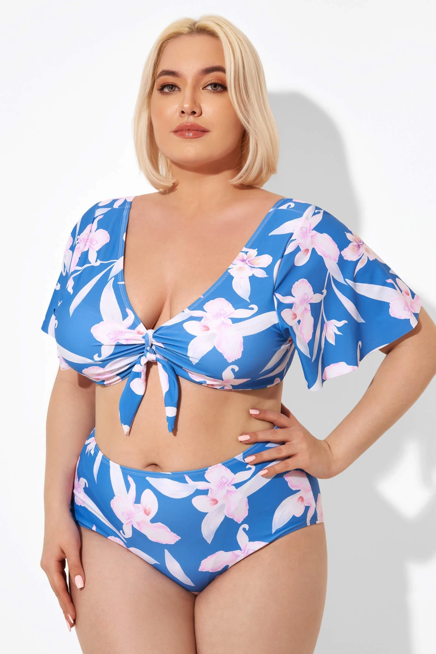 Blue Flower Print Bow V-neck Bikini Top 1 Blue Flower Print Bow V-neck Bikini Top
