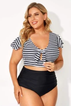 Black & White Stripe Retro Women Bikini Top -Bikini By Muse b debk072001 3