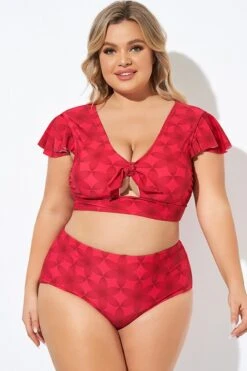 New Arrival 5 Red Geometric Interwoven Print Bikini Top