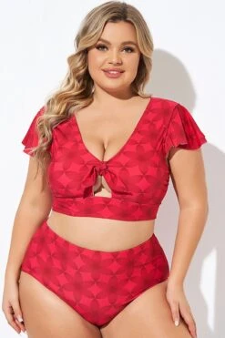 Red Geometric Interwoven Print Bikini Top -Bikini By Muse b debk072005 3