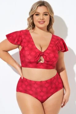 Red Geometric Interwoven Print Bikini Top -Bikini By Muse b debk072005 6