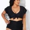 Black Flutter-Sleeve Elegant Swim Bikini Top
