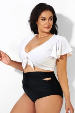 White Flutter-Sleeve Tie Detail Bikini Top -Bikini By Muse b debk092002 33