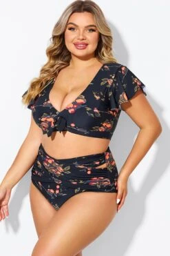 Floral Print Flutter Sleeve Elegant Swim Bikini Top -Bikini By Muse b debk092004 5