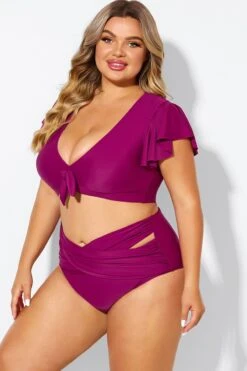 Purple Flutter Sleeve Elegant Swim Bikini Top -Bikini By Muse b debk092005 4