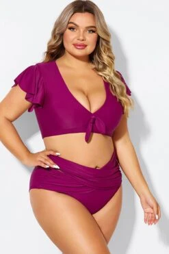 Purple Flutter Sleeve Elegant Swim Bikini Top -Bikini By Muse b debk092005 6