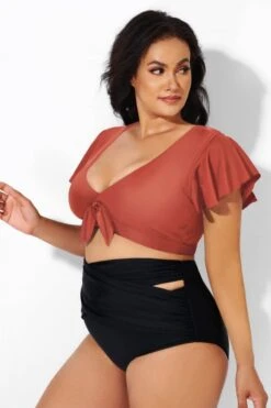 Orange Flutter Sleeve Tie Front Swim Bikini Top -Bikini By Muse b debk092006 33