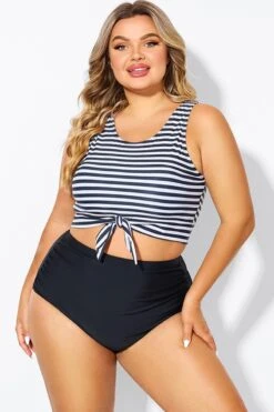 Black & White Striped Knotted Crop Bikini Top -Bikini By Muse b debk095002 3