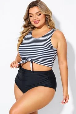 Black & White Striped Knotted Crop Bikini Top -Bikini By Muse b debk095002 4