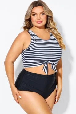 Black & White Striped Knotted Crop Bikini Top -Bikini By Muse b debk095002 6