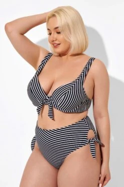 Black Stripes Knot Front Underwire Bikini Top