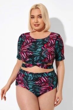 Leaf Print Round Neck Bikini Top With Sleeves -Bikini By Muse b debk101002 5