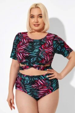 Leaf Print Round Neck Bikini Top With Sleeves -Bikini By Muse b debk101002 6