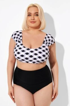 Black & White Gingham Bikini Top With Sleeves -Bikini By Muse b debk103001 4