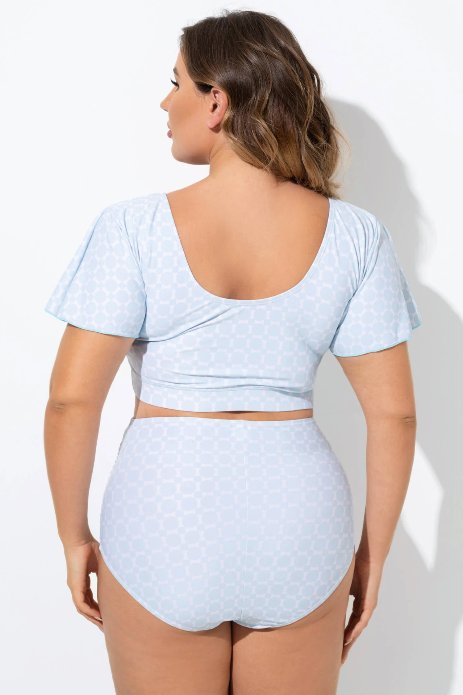 Blue Geometric Pattern Bikini Top With Flutter Sleeve 2 Blue Geometric Pattern Bikini Top With Flutter Sleeve - Image 2