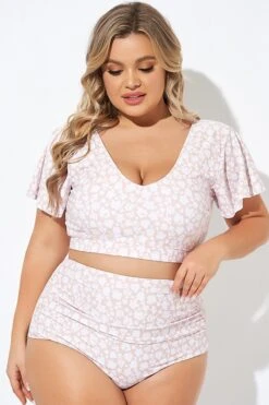 Floral Print V-neck Flutter Sleeve Bikini Top -Bikini By Muse b debk108002 4