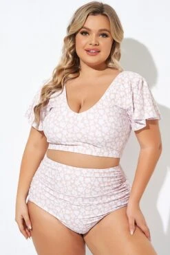 Floral Print V-neck Flutter Sleeve Bikini Top -Bikini By Muse b debk108002 5