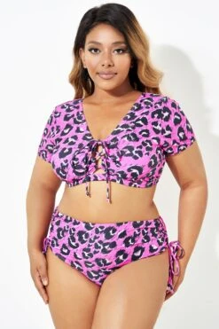 Sexy Pink Leopard Print Lace Up Bikini Top -Bikini By Muse b debk109001 3 1
