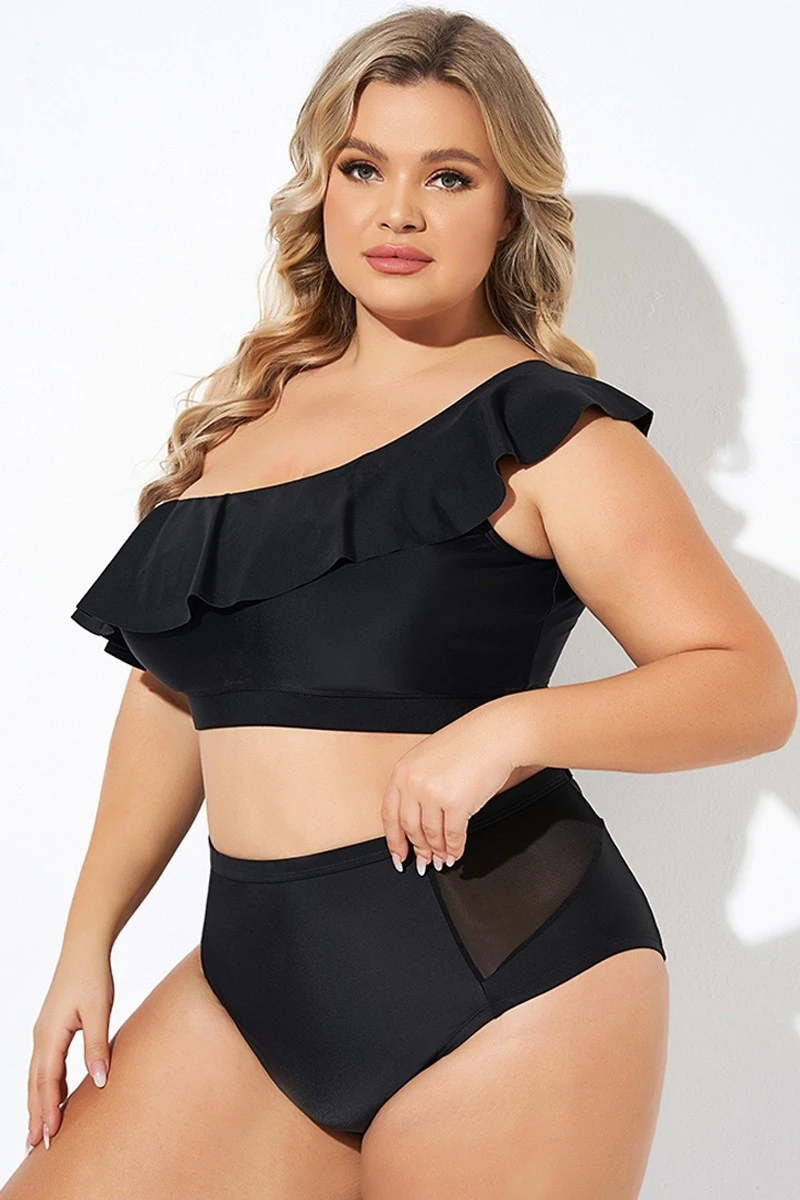Black Ruffle One Shoulder Swim Bikini Top 4 Black Ruffle One Shoulder Swim Bikini Top - Image 4