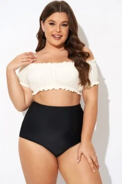 Retro White Ruffles Bardot Sleeves Bikini Top -Bikini By Muse b debk147001 1