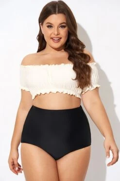 Retro White Ruffles Bardot Sleeves Bikini Top -Bikini By Muse b debk147001 3