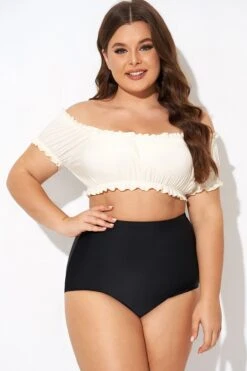Retro White Ruffles Bardot Sleeves Bikini Top -Bikini By Muse b debk147001 5