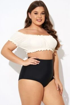 Retro White Ruffles Bardot Sleeves Bikini Top -Bikini By Muse b debk147001 6