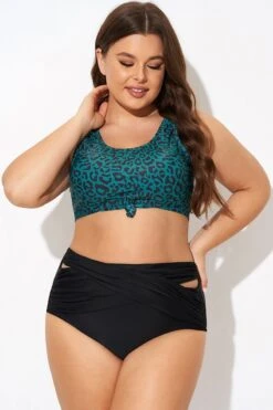 New Arrival 15 Green Leopard Print Knot Swim Bikini Top