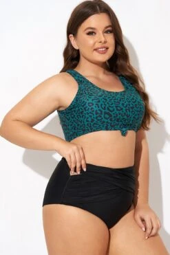 Green Leopard Print Knot Swim Bikini Top -Bikini By Muse b debk148001 6