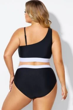Black & White One Shoulder High Waisted Bikini Top -Bikini By Muse b debk149001 2
