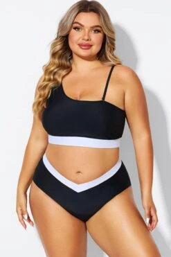 Black & White One Shoulder High Waisted Bikini Top -Bikini By Muse b debk149001 3