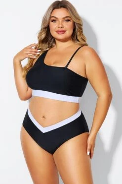 Black & White One Shoulder High Waisted Bikini Top -Bikini By Muse b debk149001 4