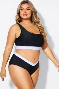 Black & White One Shoulder High Waisted Bikini Top -Bikini By Muse b debk149001 5