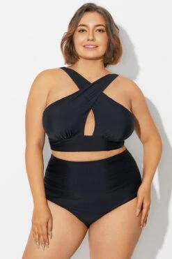 Black High Neck Cross Front Bikini Top -Bikini By Muse b debk152001 3