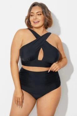 Black High Neck Cross Front Bikini Top -Bikini By Muse b debk152001 4