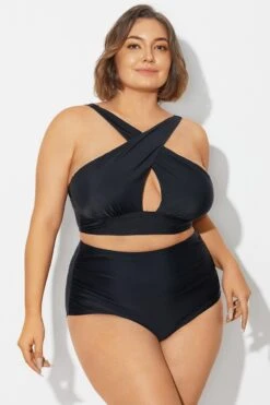 Black High Neck Cross Front Bikini Top -Bikini By Muse b debk152001 6