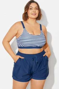 Plus Size Squaue Neck Navy Stripe Bikini Top