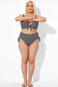 Black Stripe Side Knot High Waist Brief For Lady