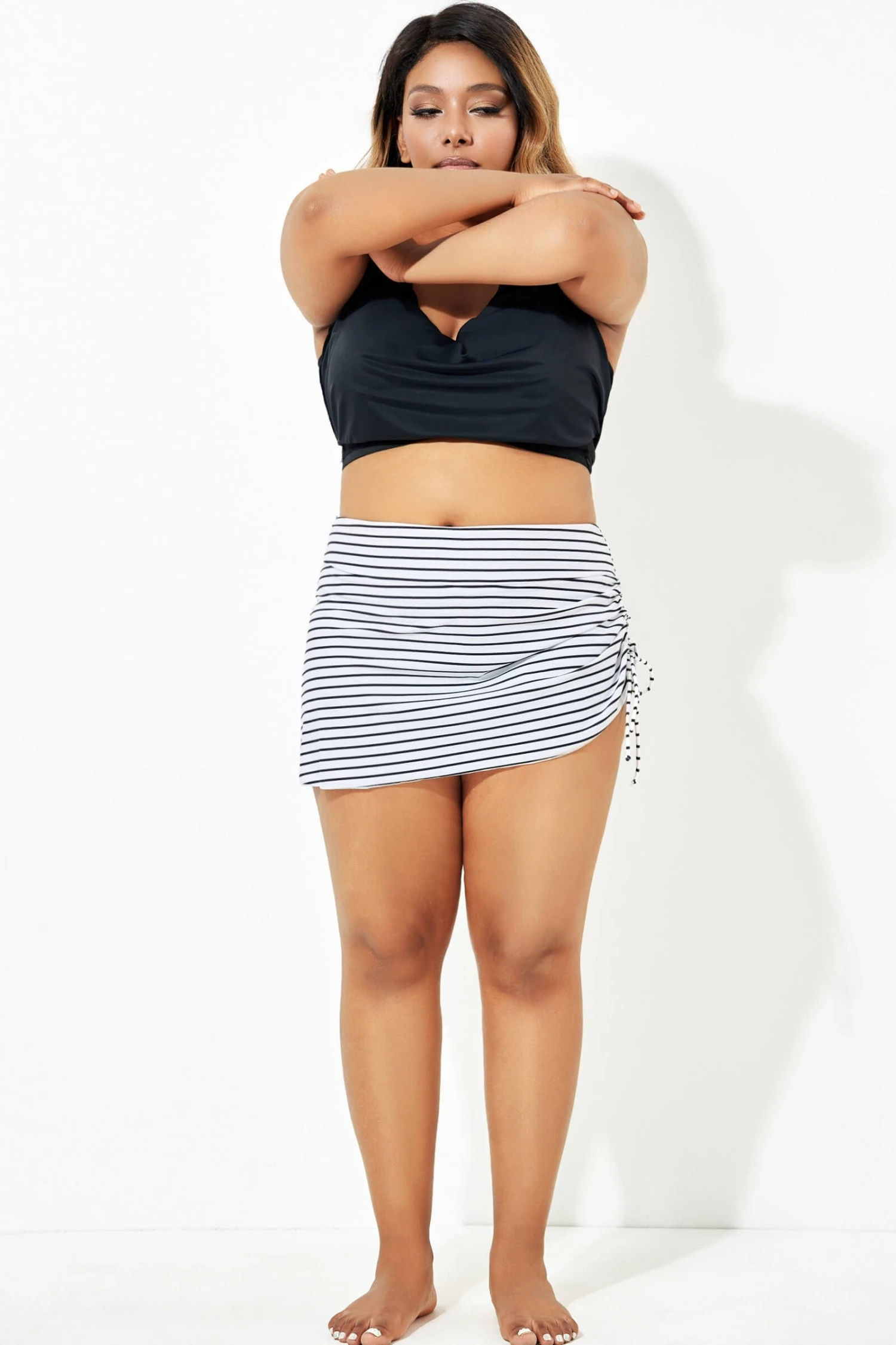 Stripe Drawstring Side High Waisted Swim Skirt 1 Stripe Drawstring Side High Waisted Swim Skirt