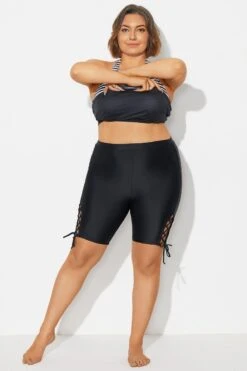 Lace Up Side Black Mid Waist Swim Shorts -Bikini By Muse b debt064001 3