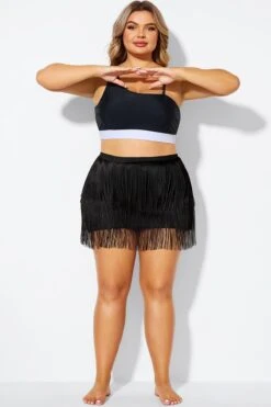 Plus Size Black High Waisted Tassel Trim Skirt -Bikini By Muse b debt066001 11