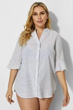 V-Neck Stripe Button Up Cover Up Shirt -Bikini By Muse b decu002 4