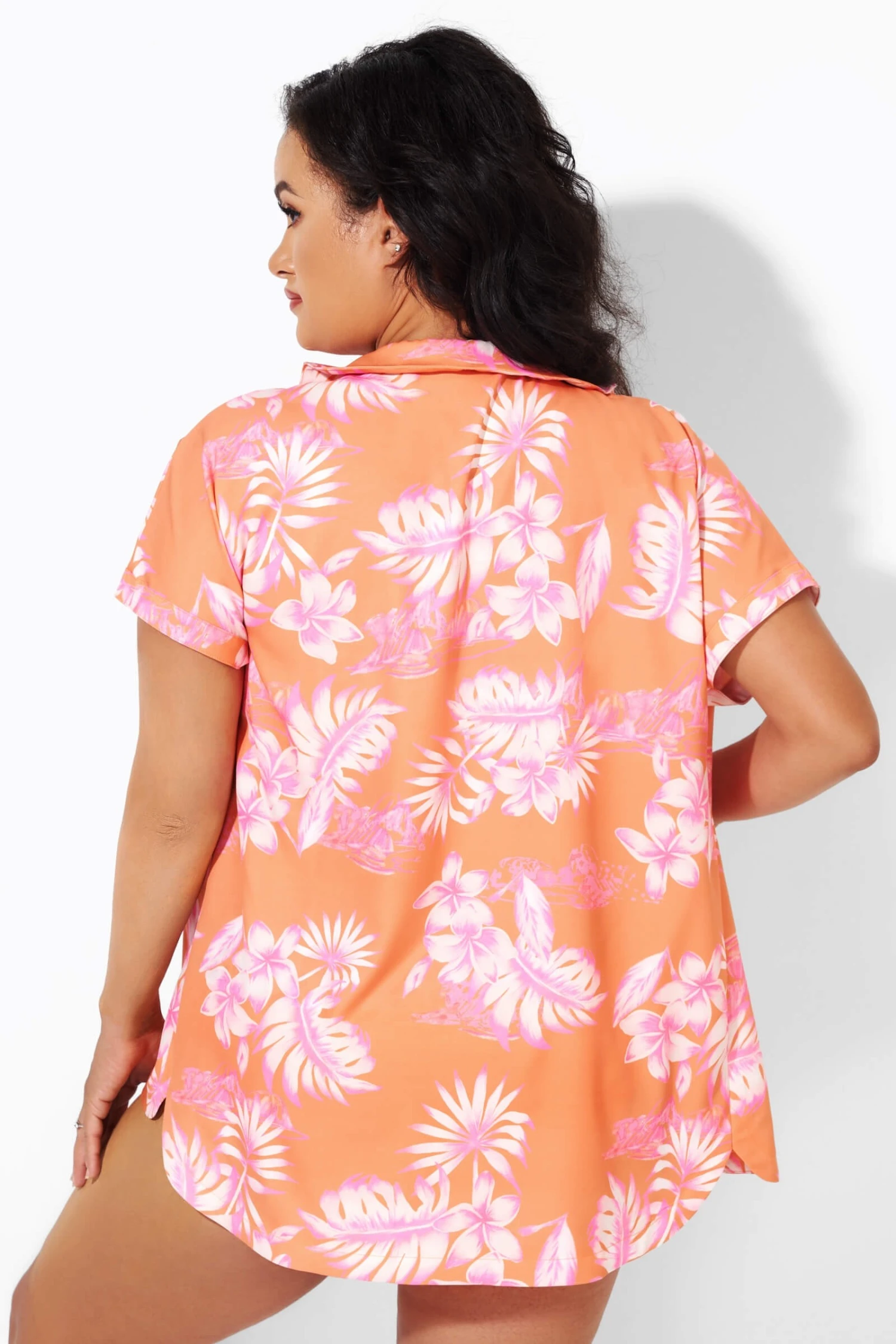 Orange Flower Print Short Sleeves Cover Up 2 Orange Flower Print Short Sleeves Cover Up - Image 2