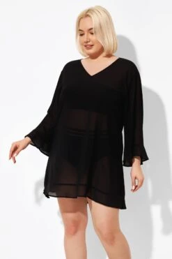 Black Ruffle Hem V-neck Tunic Cover Up -Bikini By Muse b decu023 3