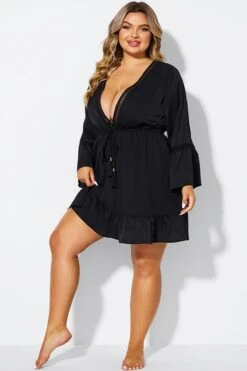 Black Low Neck & Tassel V-Neck Cover Up Tunic -Bikini By Muse b decu040 4