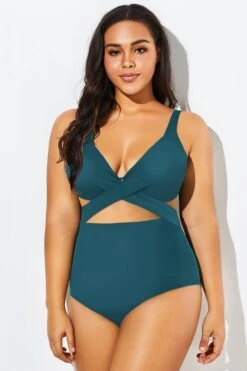 Green Modest Cut-out One Piece Swimsuit For Lady -Bikini By Muse b deop006001 33