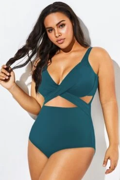Green Modest Cut-out One Piece Swimsuit For Lady -Bikini By Muse b deop006001 44